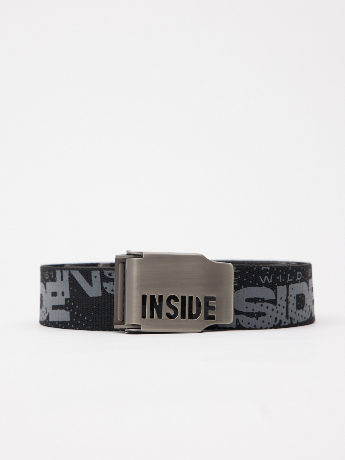 Canvas belt with engraved buckle black rolled view