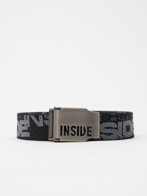 Canvas belt with engraved buckle black rolled view