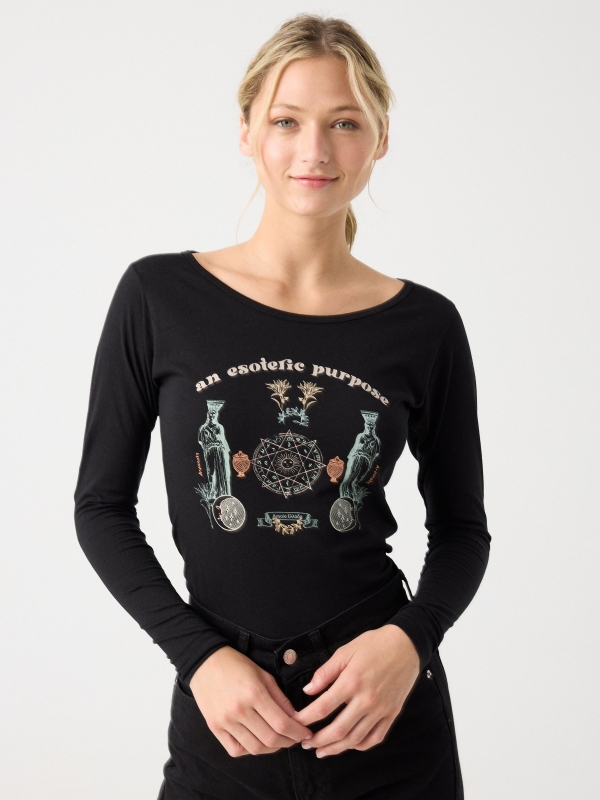 Esoteric print long sleeve t-shirt black middle front view