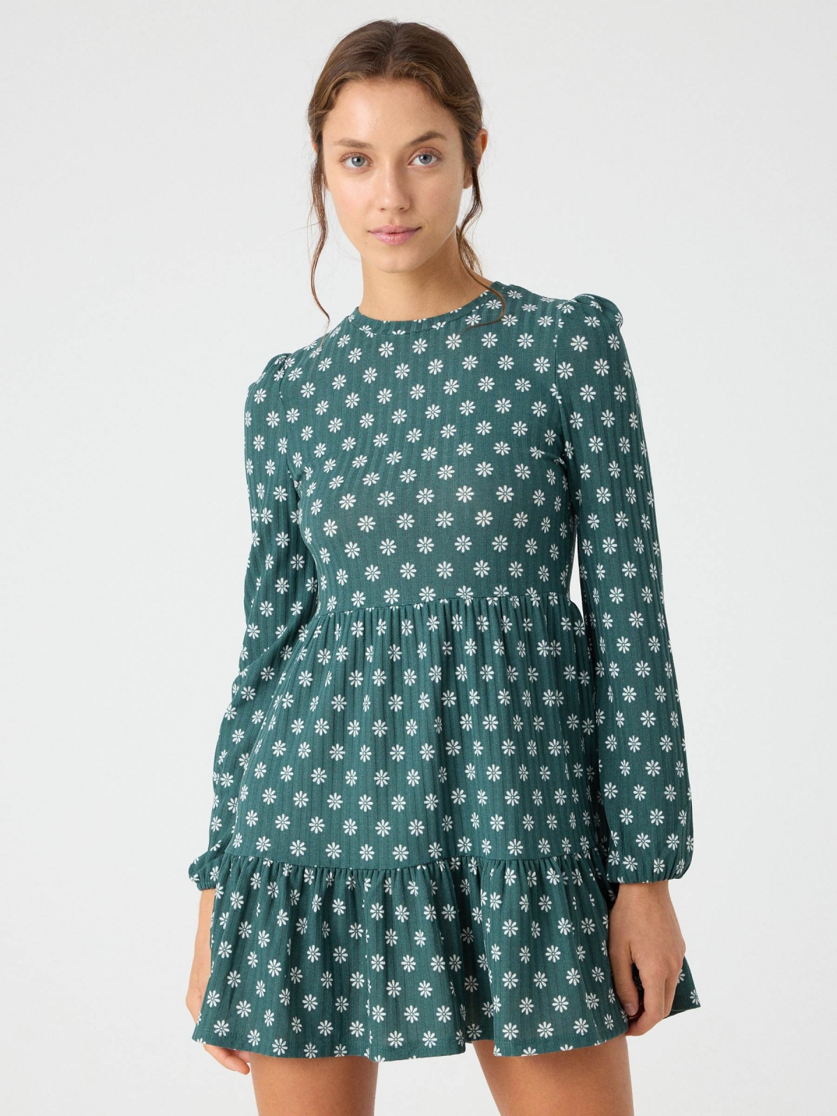 Ribbed daisy print dress dark green middle front view