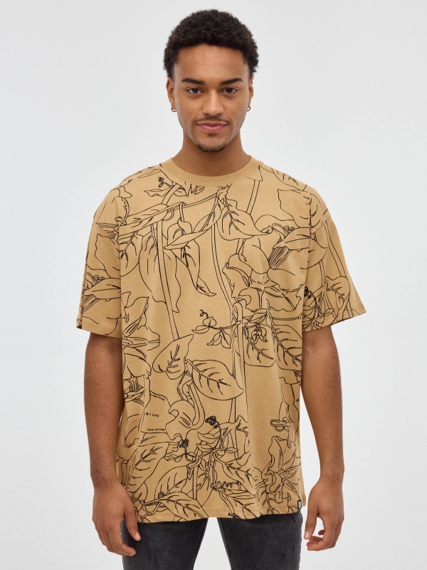 Tropical print t-shirt earth brown middle front view