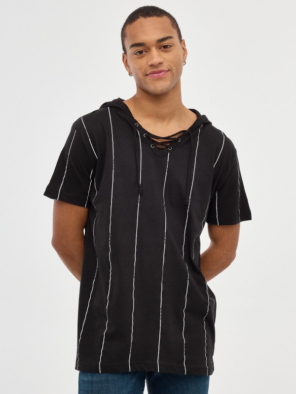 Striped T-shirt with hood black middle front view
