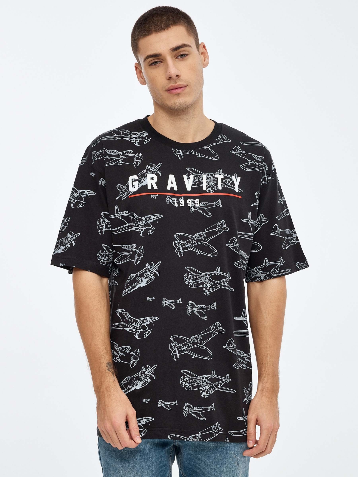 Aircraft printed t-shirt black middle front view