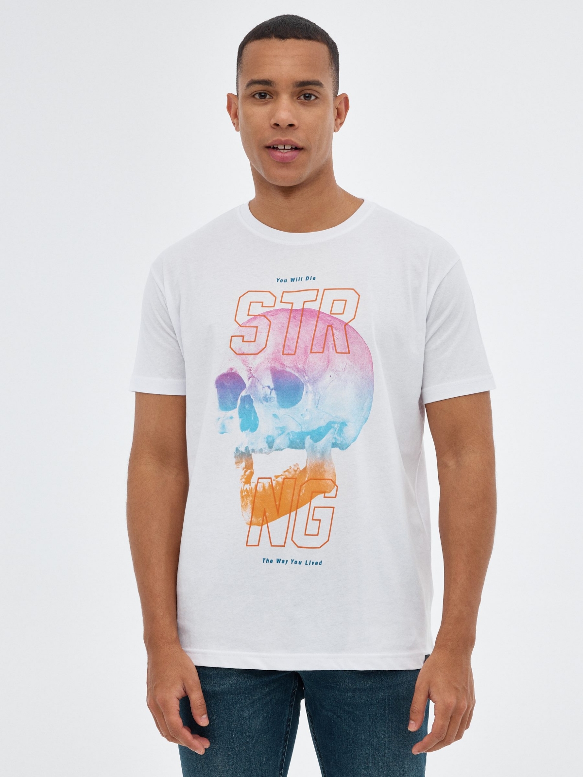 T-shirt multicolor do crânio branco vista meia frontal