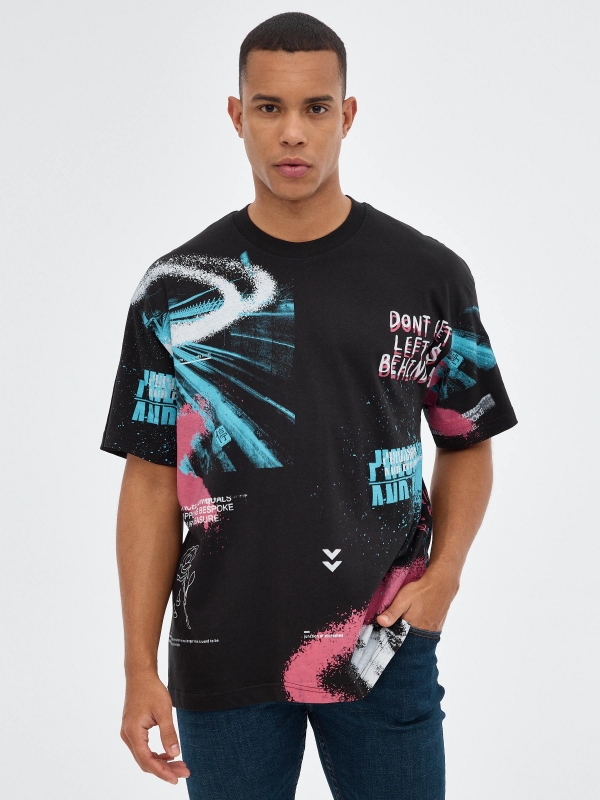 Oversized galaxy print t-shirt black middle front view
