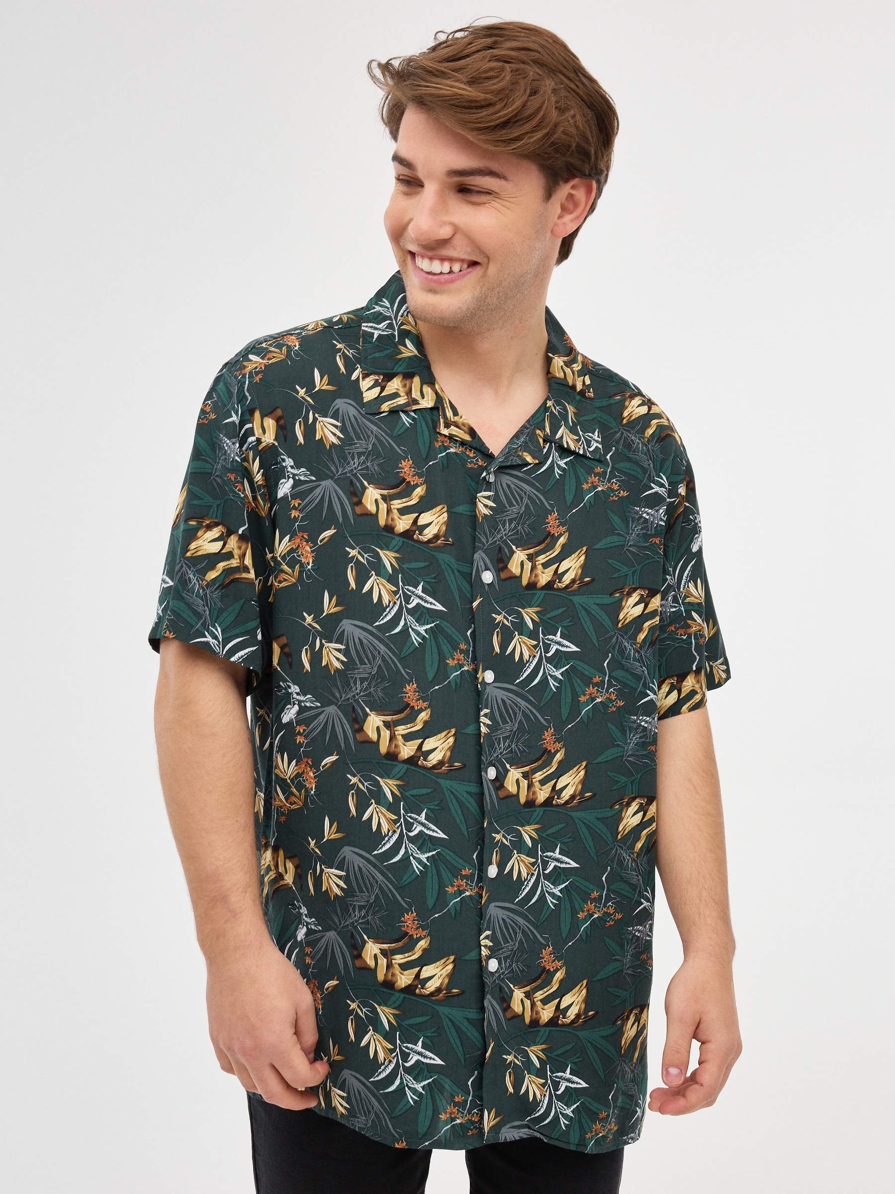 Green floral print shirt dark green middle front view