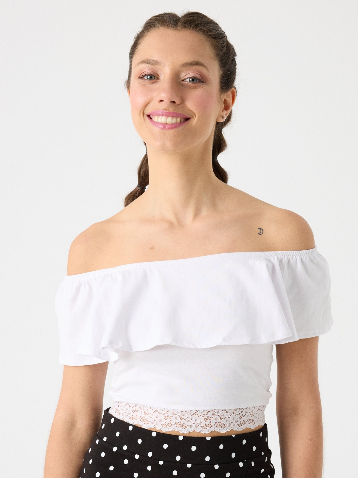 Ruffle bardot top white middle front view