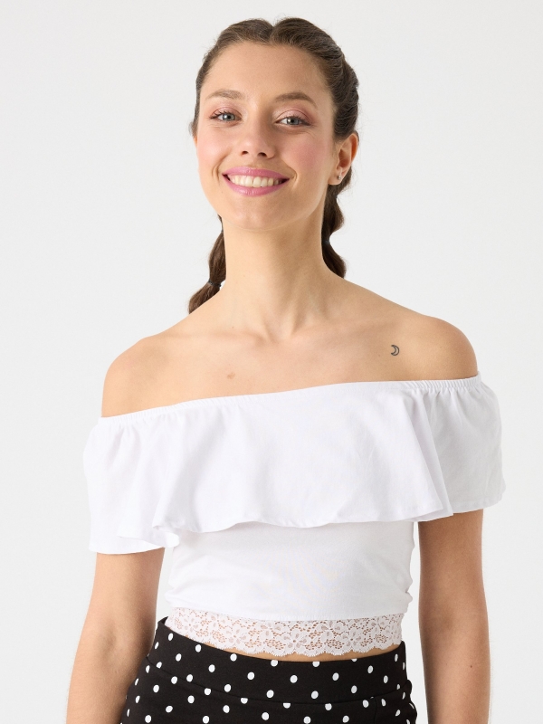 Ruffle bardot top white middle front view