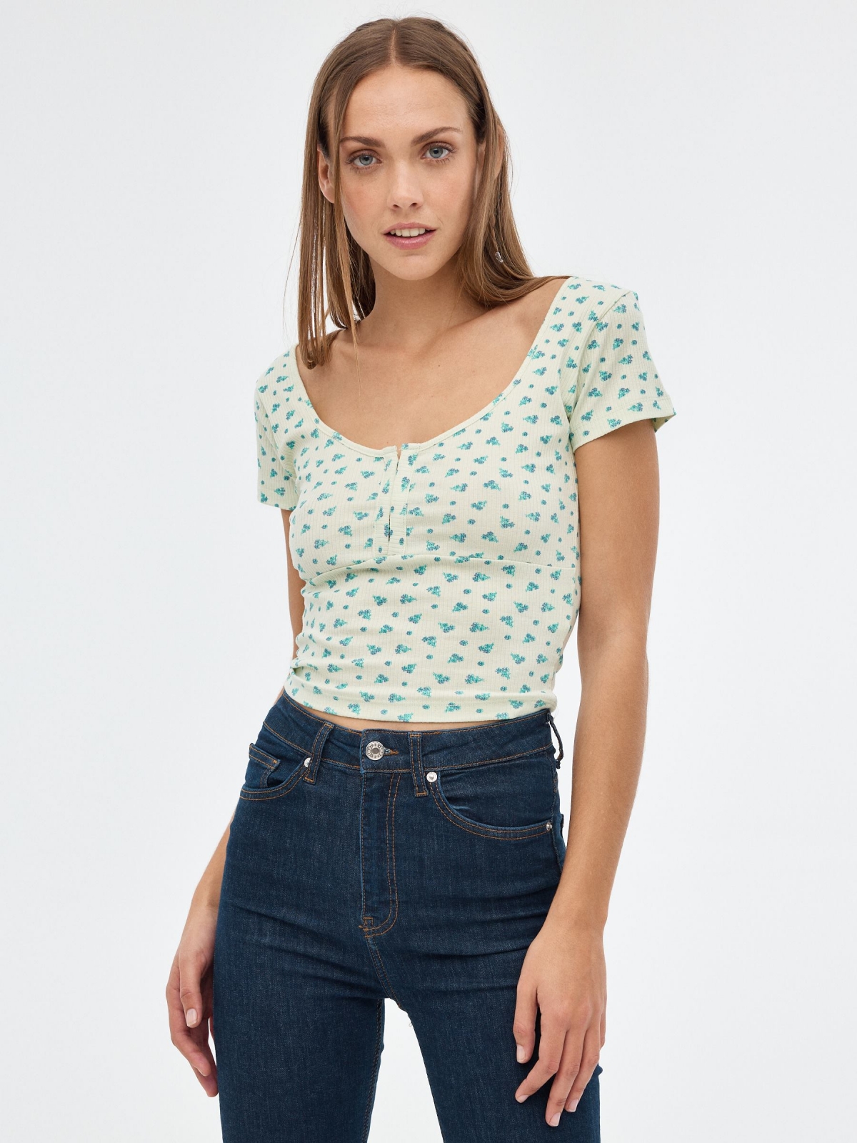 Floral print top light green middle front view