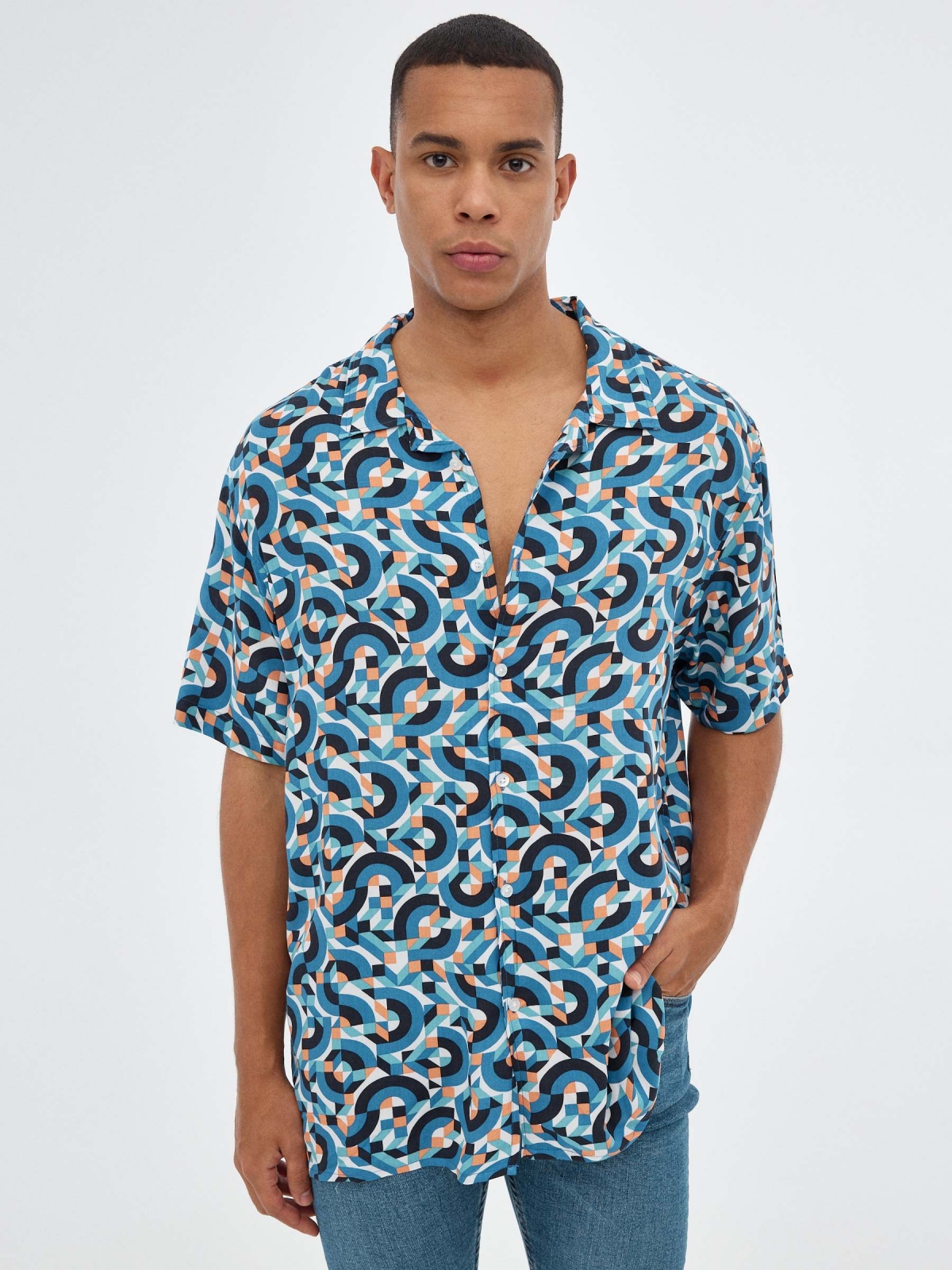 Geometric print shirt blue middle front view
