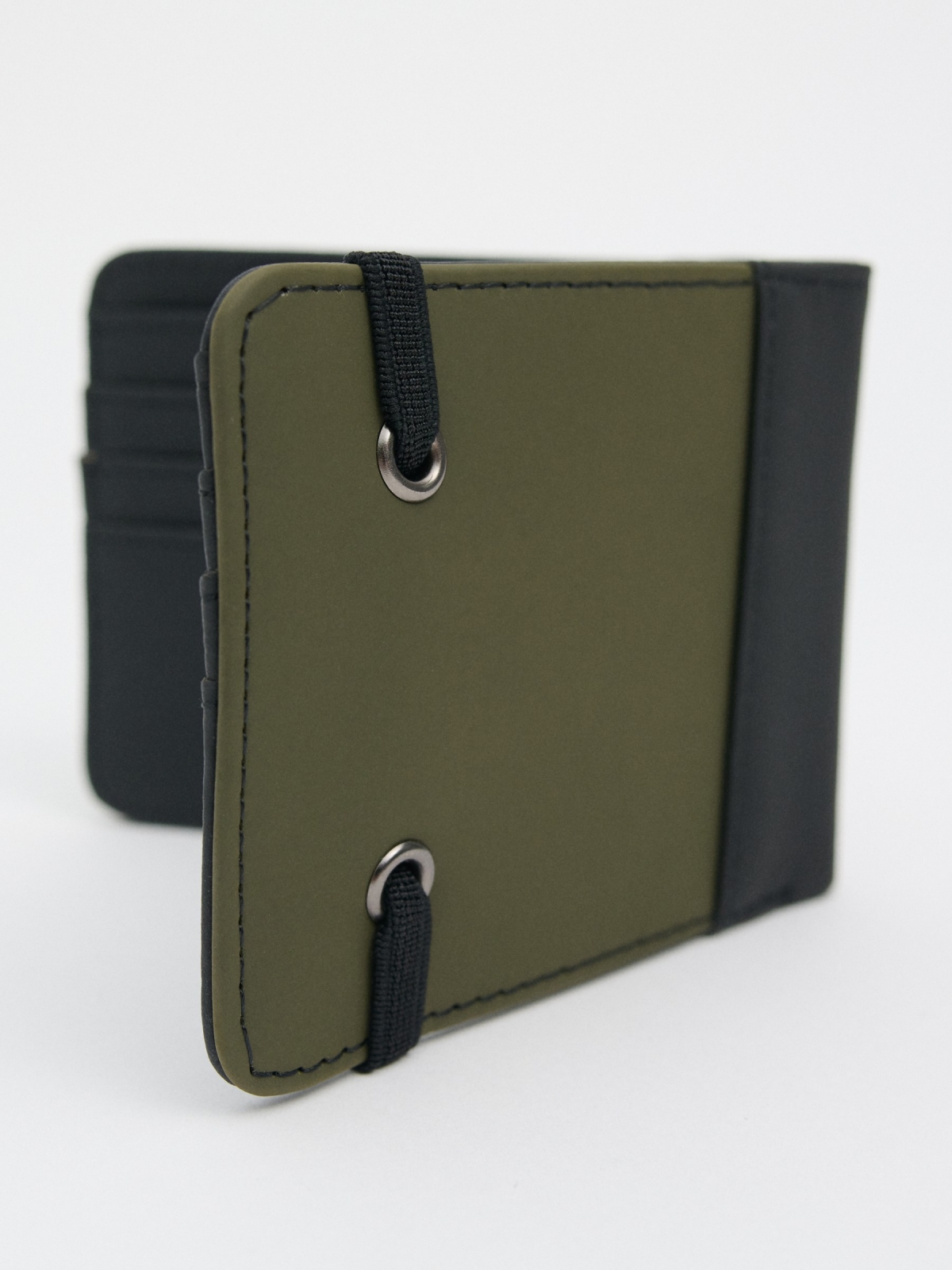 Faux leather wallet with elastic khaki back view