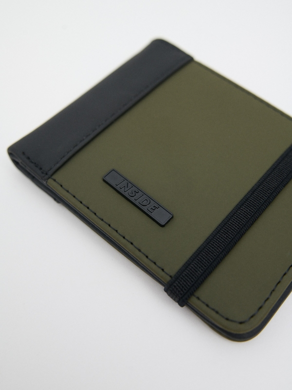Faux leather wallet with elastic khaki 45º side view