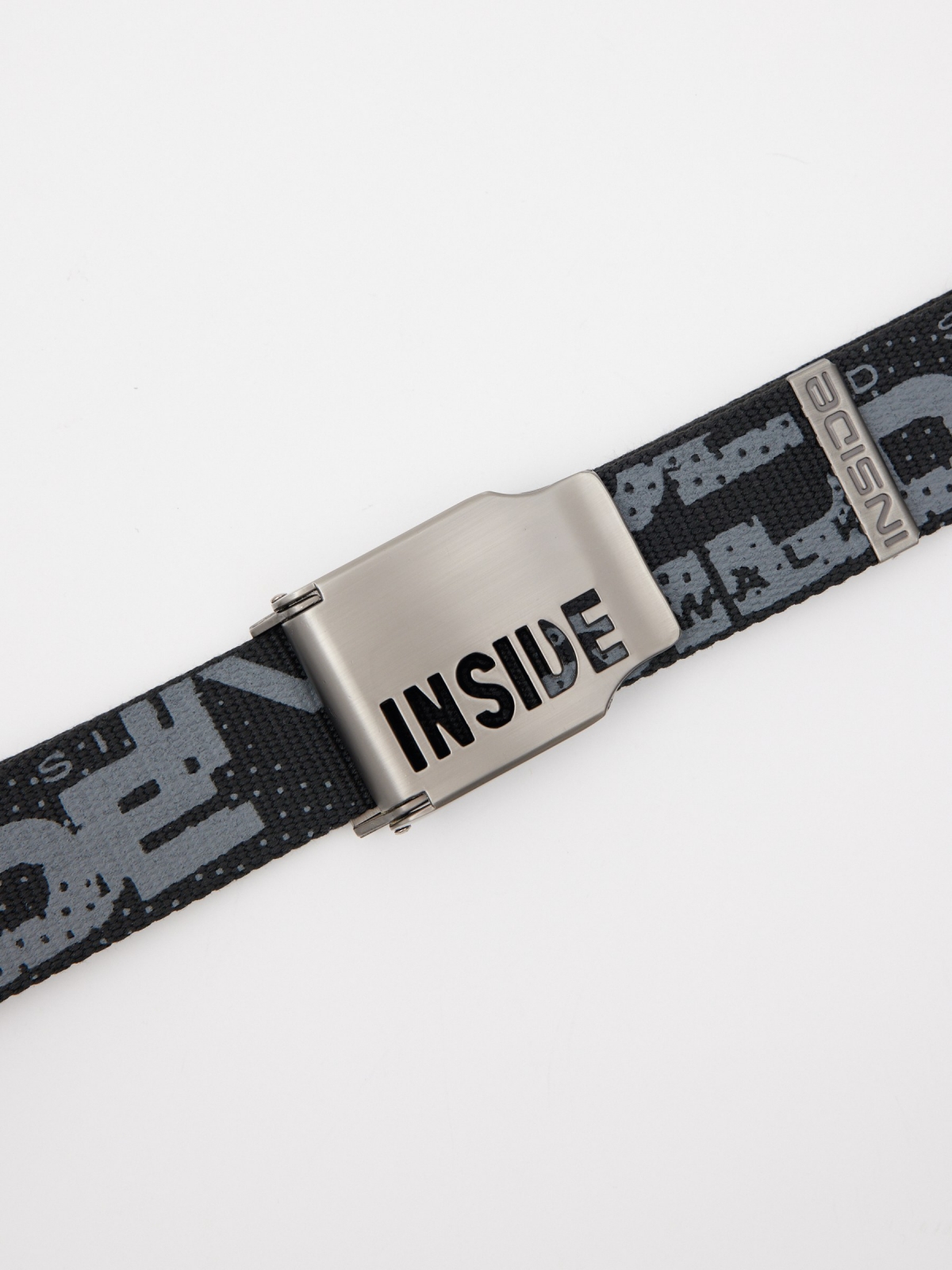 Canvas belt with engraved buckle black detail view