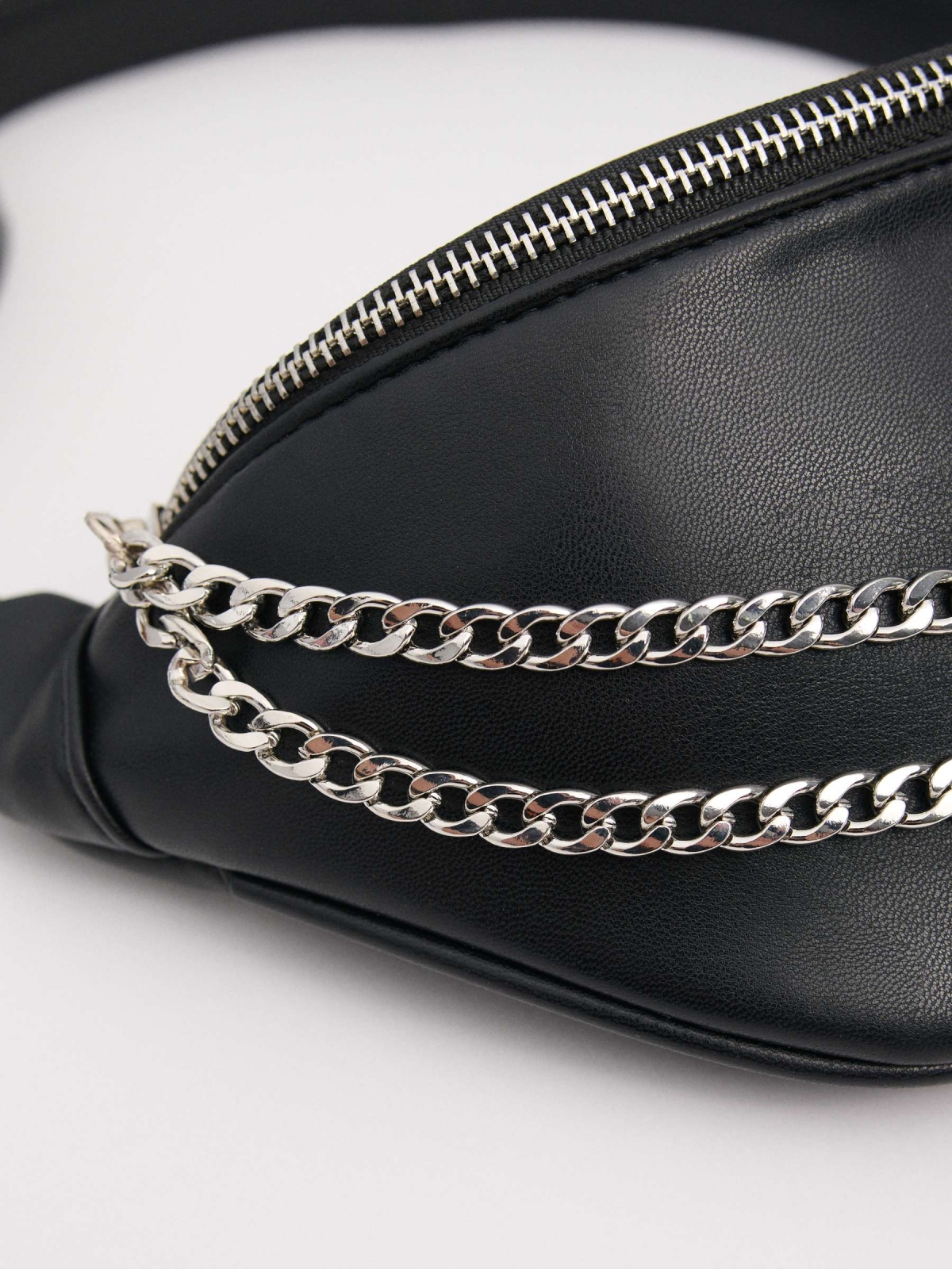 Faux leather fanny pack with chains black 45º side view