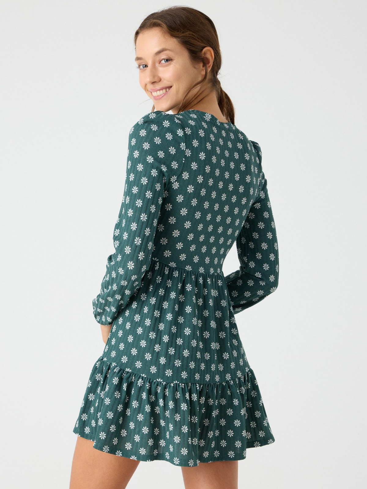 Ribbed daisy print dress dark green middle back view
