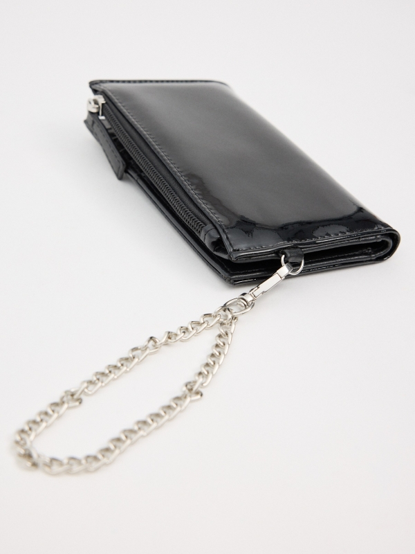 Patent leather wallet with chain black detail view