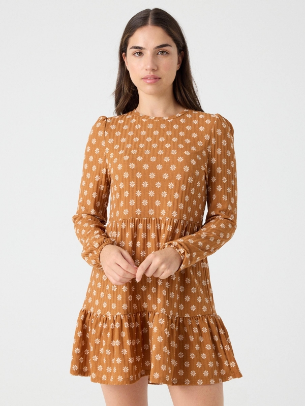 Ribbed daisy print dress cinnamon middle front view