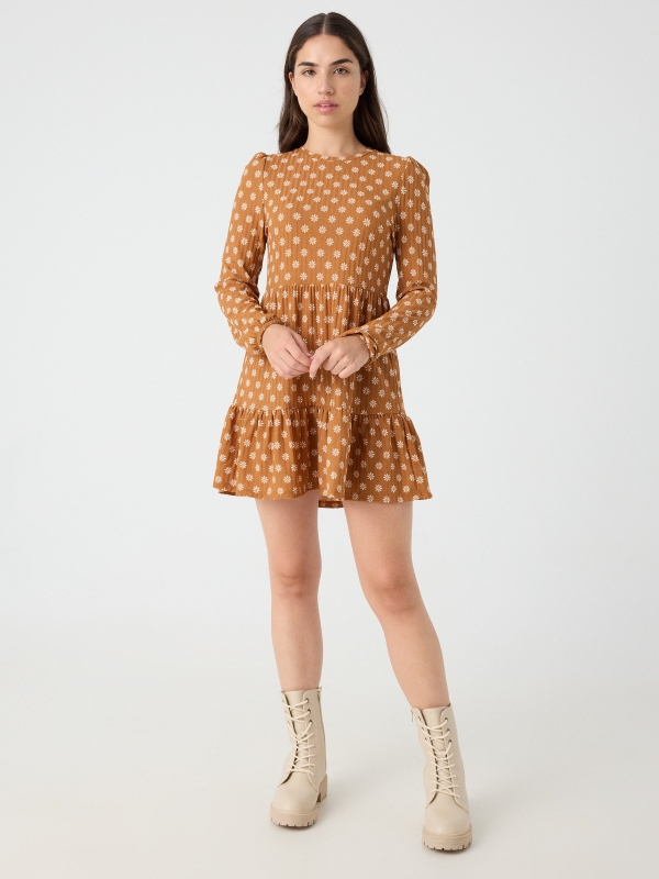 Ribbed daisy print dress cinnamon middle back view