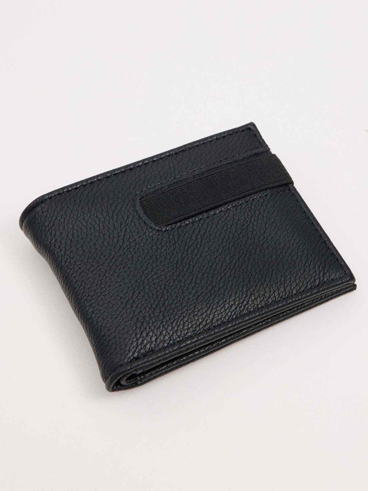 Faux leather wallet with elastic black 45º side view