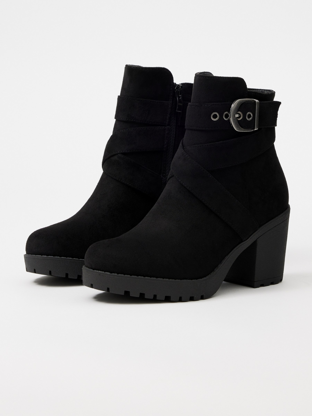 Black ankle boot with crossed straps and buckle black 45º front view