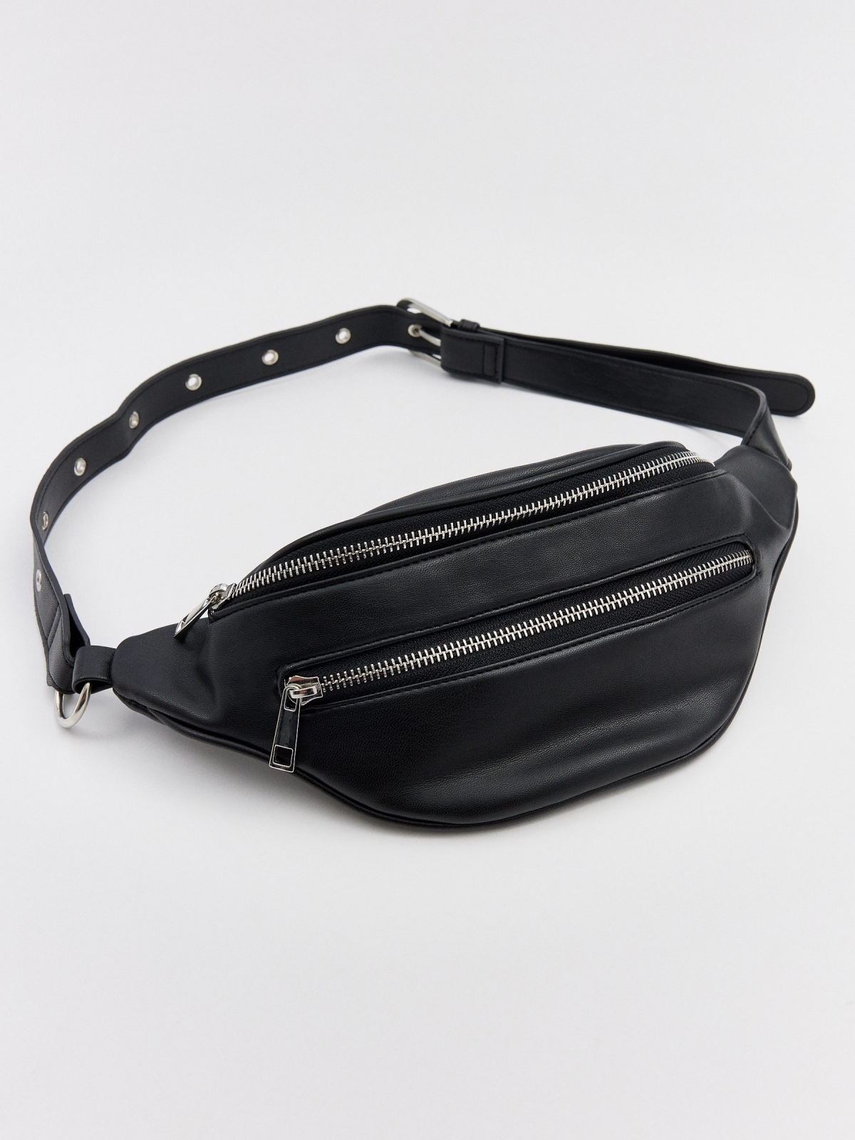 Black faux leather fanny pack detail view