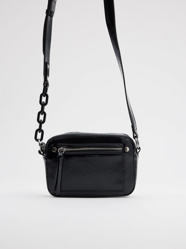 Patent leather effect crossbody bag black 45º side view
