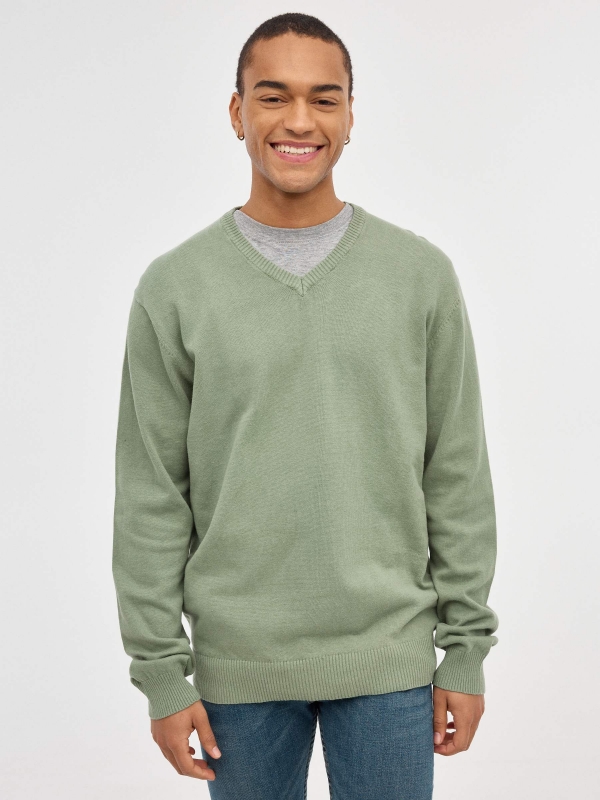 Basic Navy Blue Sweater olive green middle front view