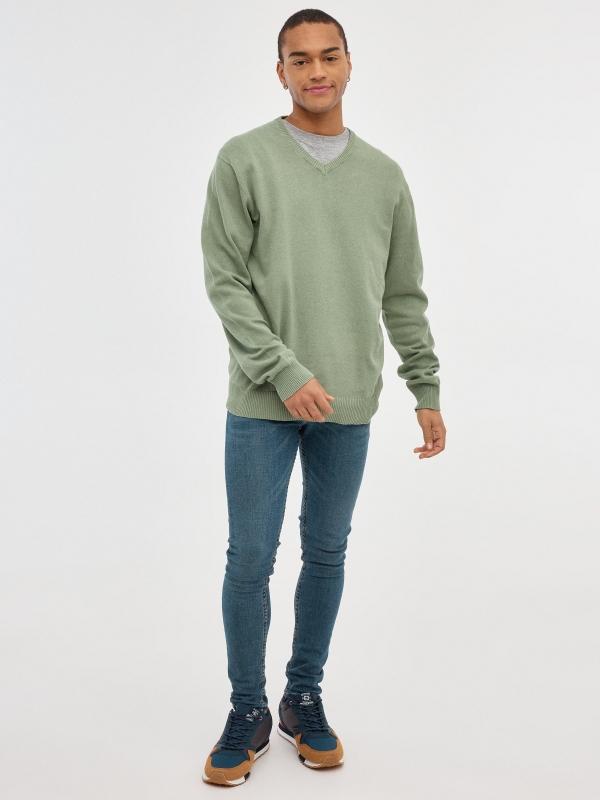 Basic Navy Blue Sweater olive green front view