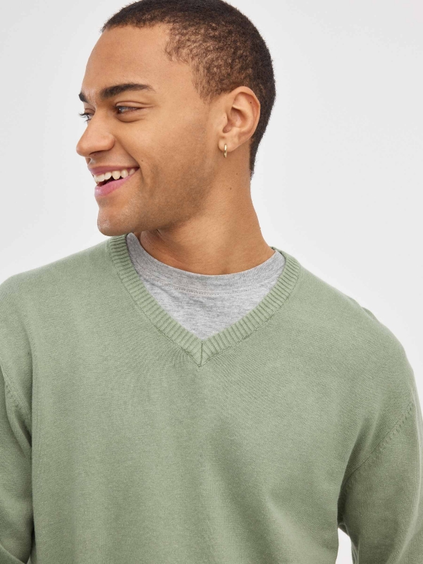 Basic Navy Blue Sweater olive green foreground