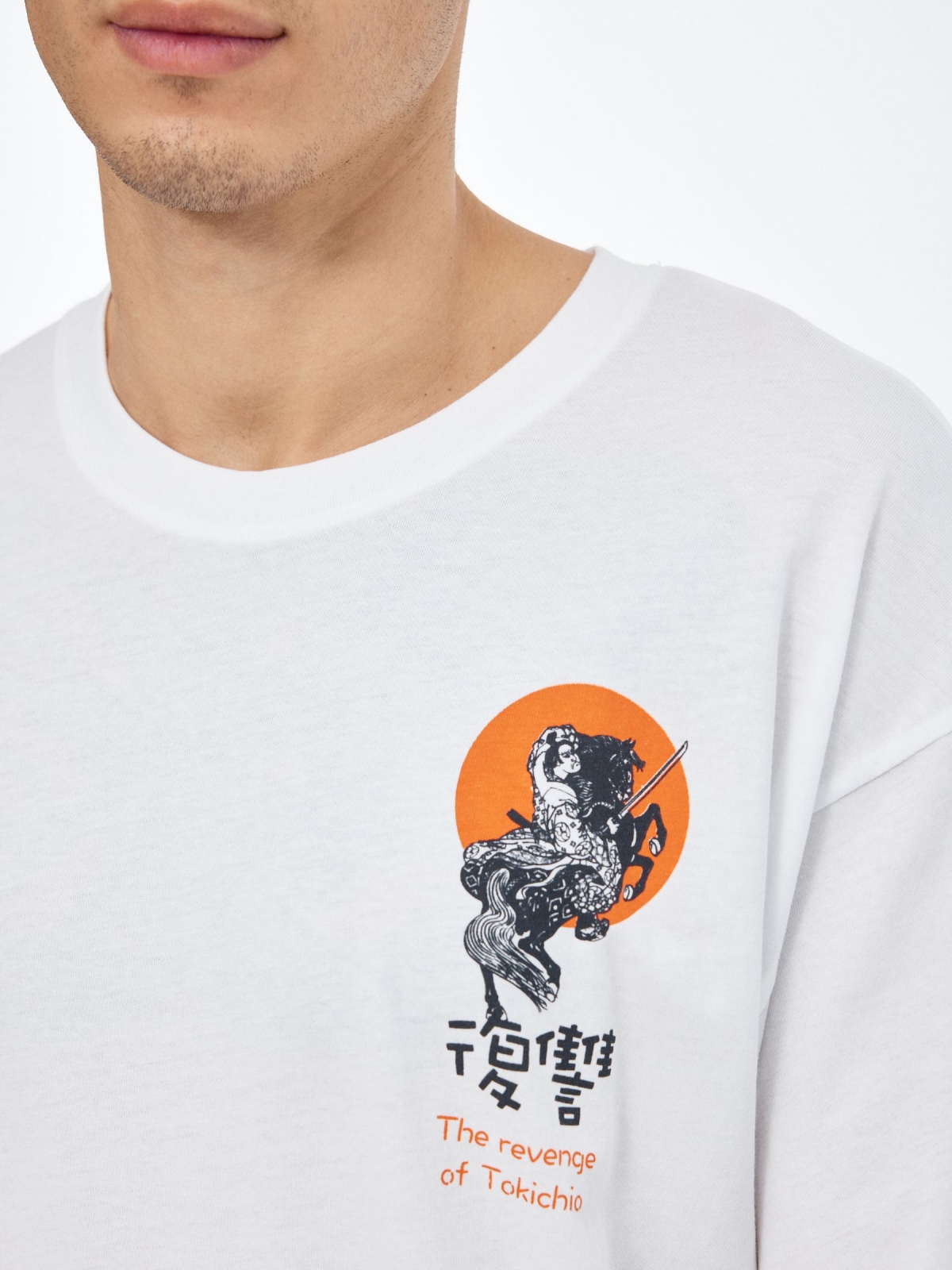 T-shirt de impressão japonesa branco vista detalhe