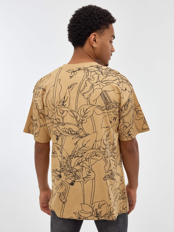 Tropical print t-shirt earth brown middle back view