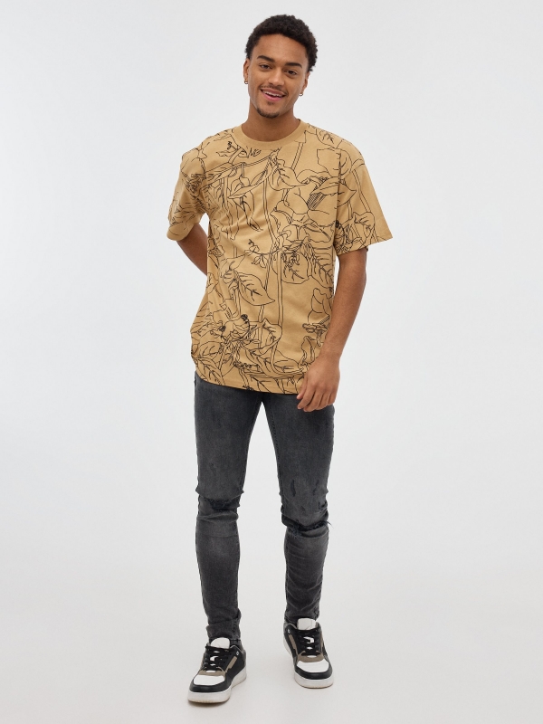 Tropical print t-shirt earth brown front view