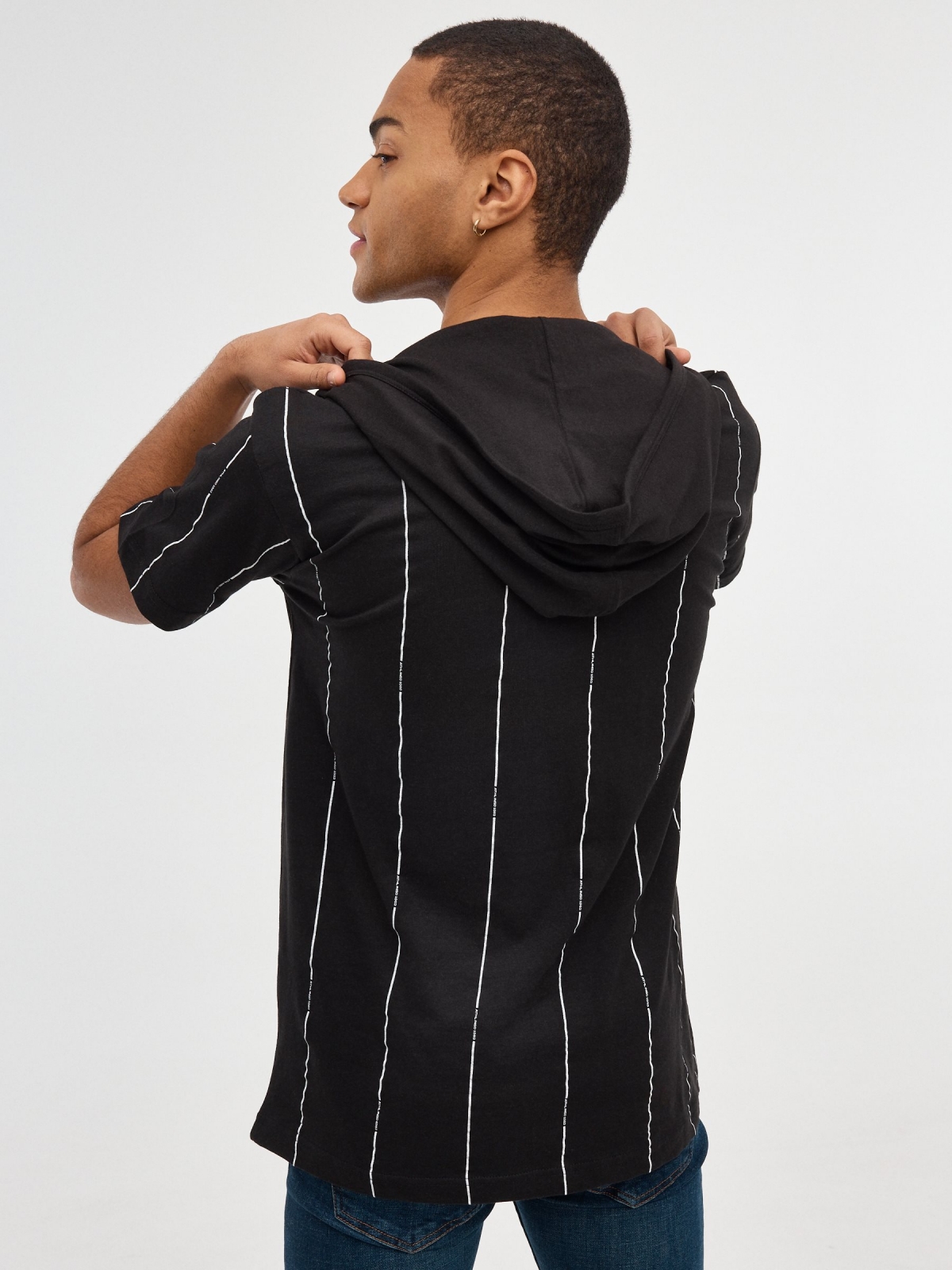 Striped T-shirt with hood black middle back view