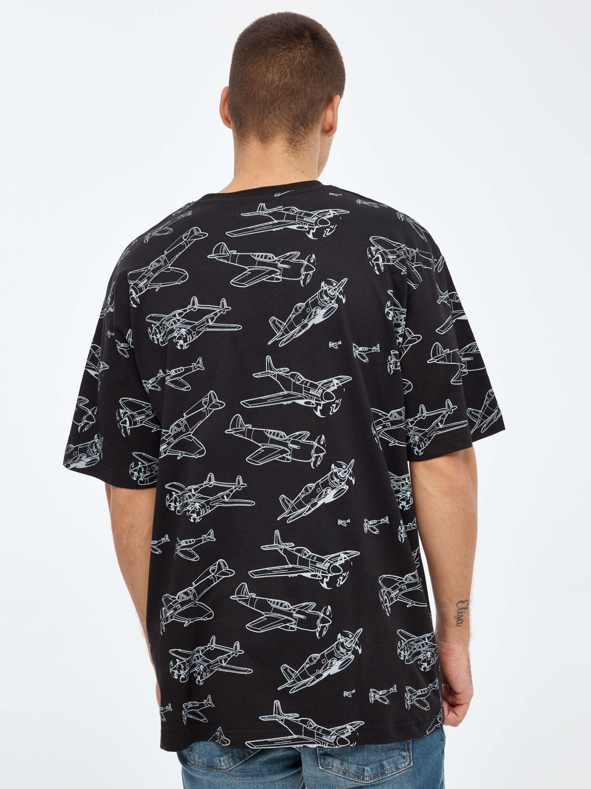 T-shirt de impressão aeronáutica preto vista meia traseira