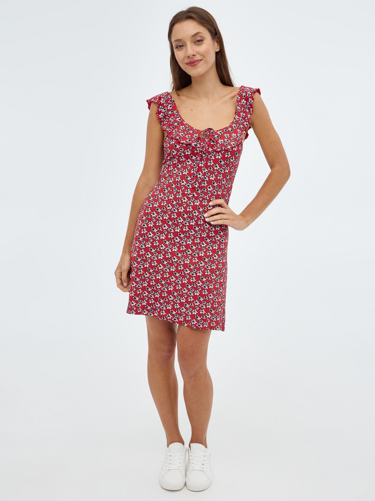 Floral print mini dress red front view