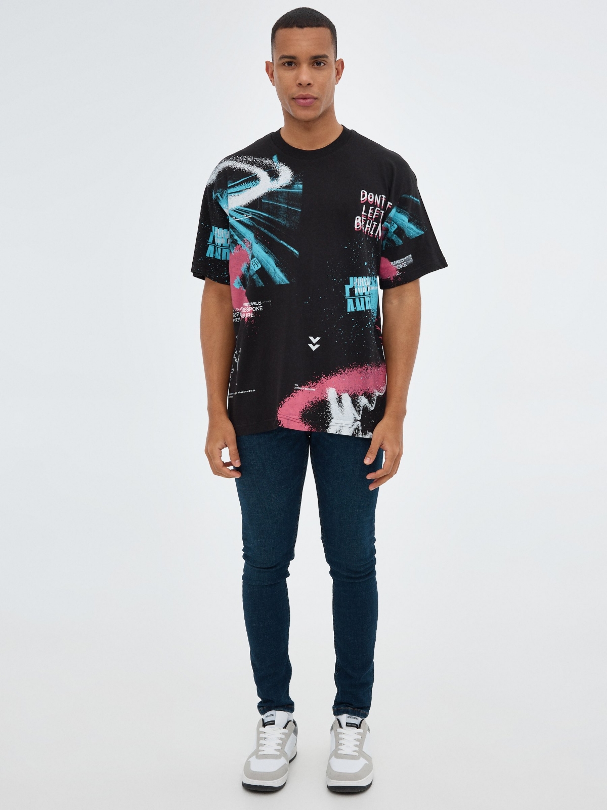 Oversized galaxy print t-shirt black front view