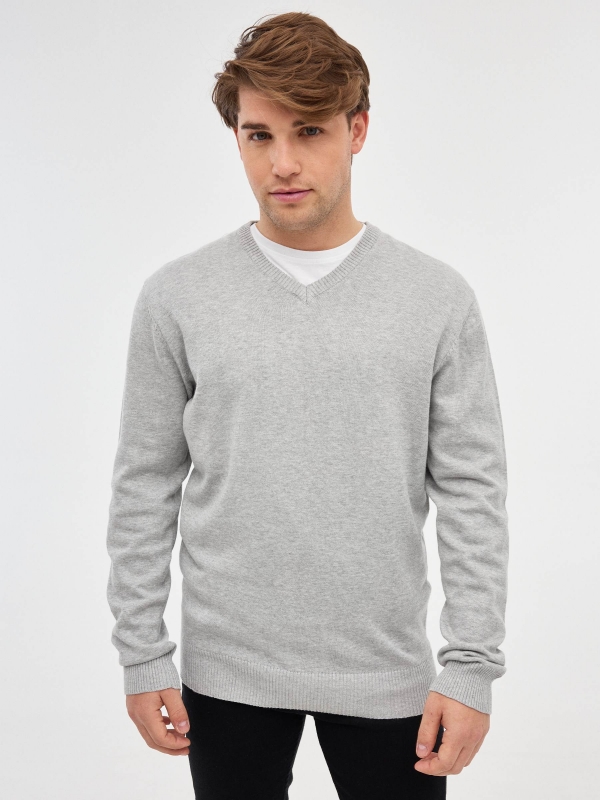 Basic Navy Blue Sweater grey vigore middle front view