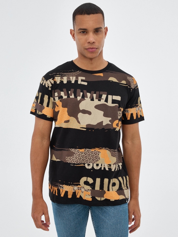 Camouflage print t-shirt black middle front view
