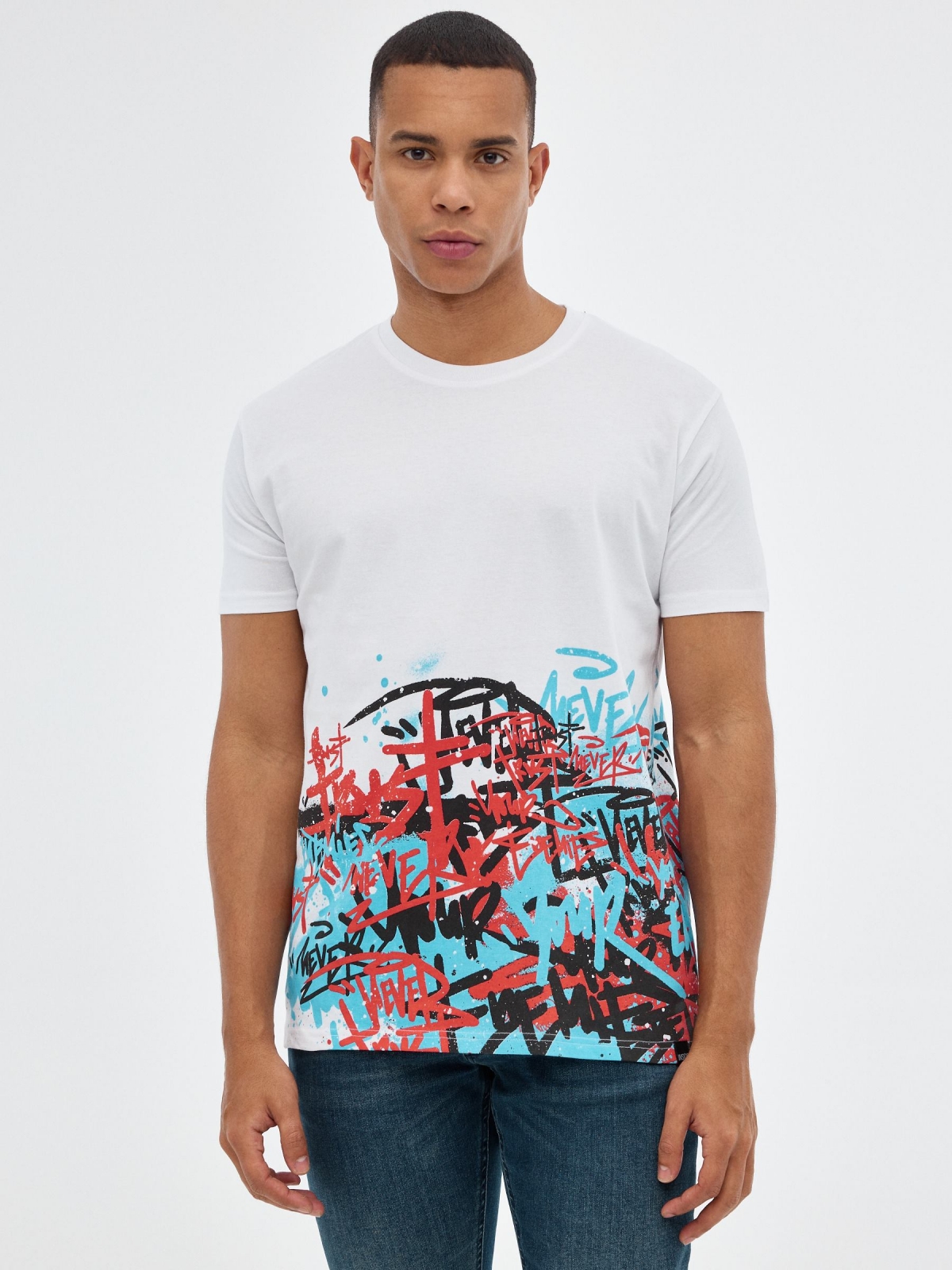 Black t-shirt with graffiti print white middle front view