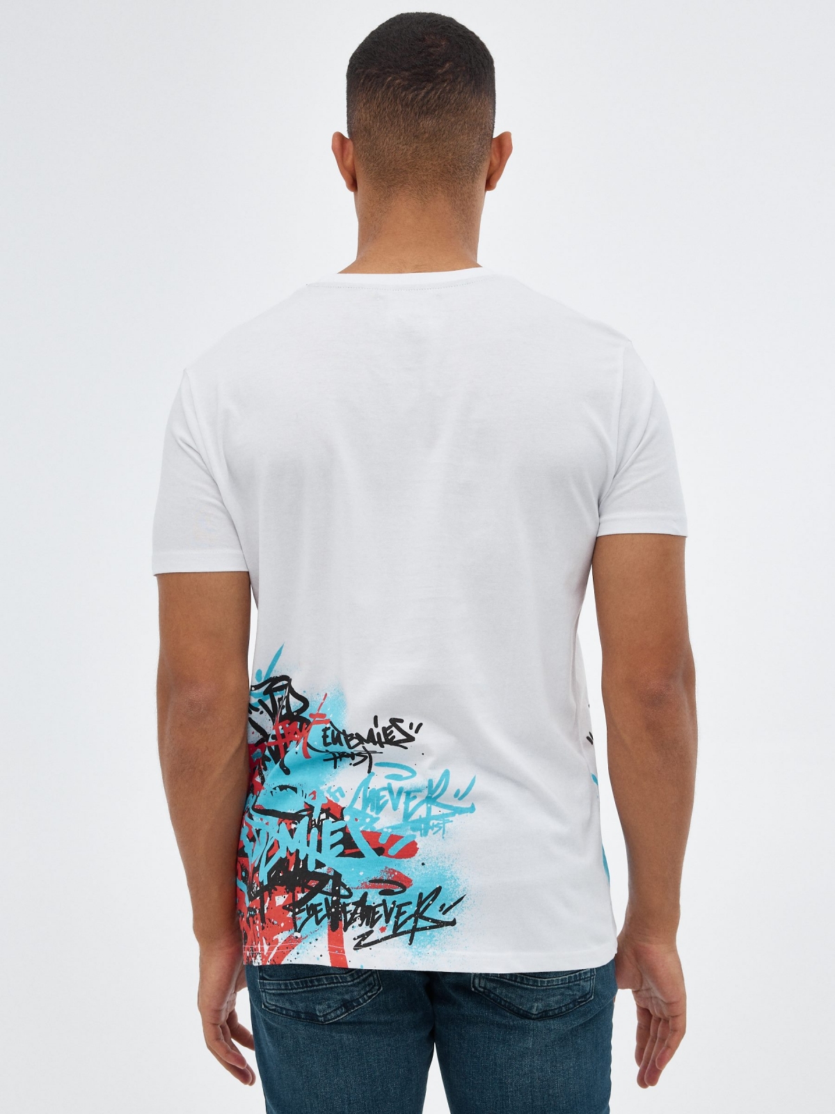 Black t-shirt with graffiti print white middle back view