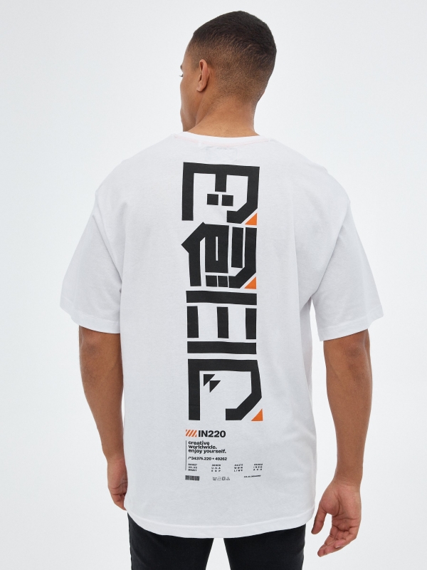T-shirt de impressão japonesa sobredimensionada branco vista meia traseira