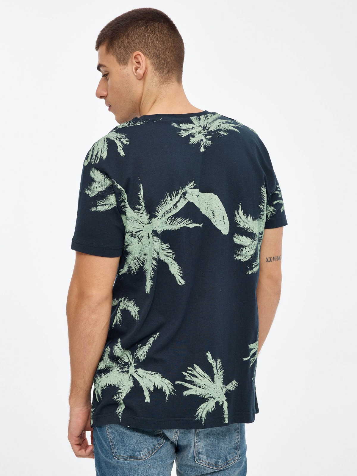 Palm tree printed t-shirt navy middle back view