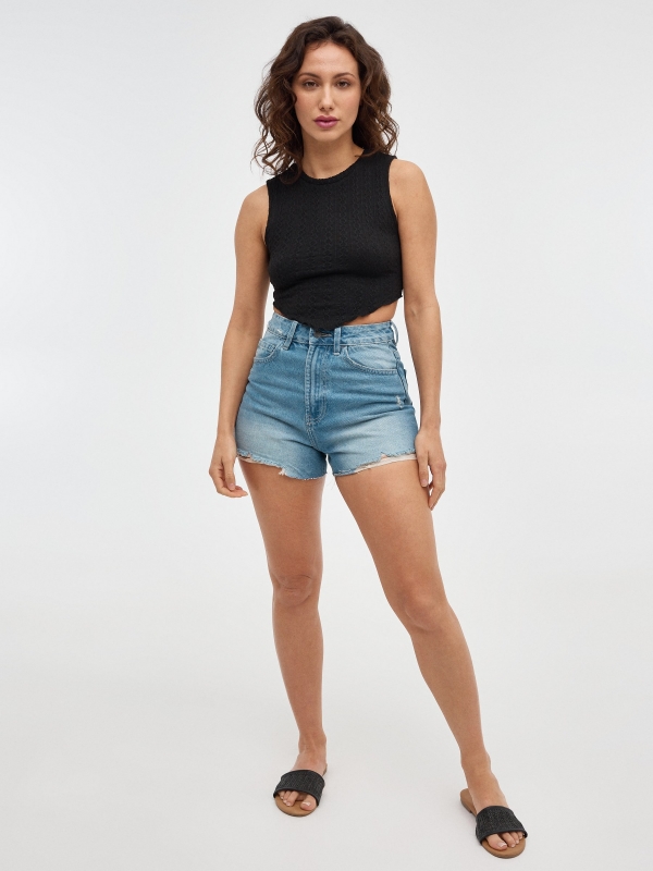 Ripped denim high rise shorts blue front view