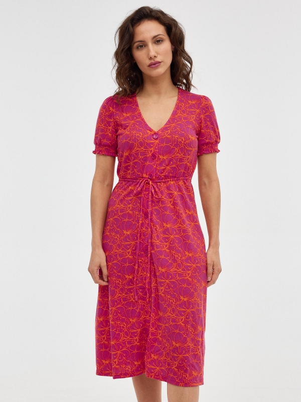 Midi Print dress with belt magenta middle front view