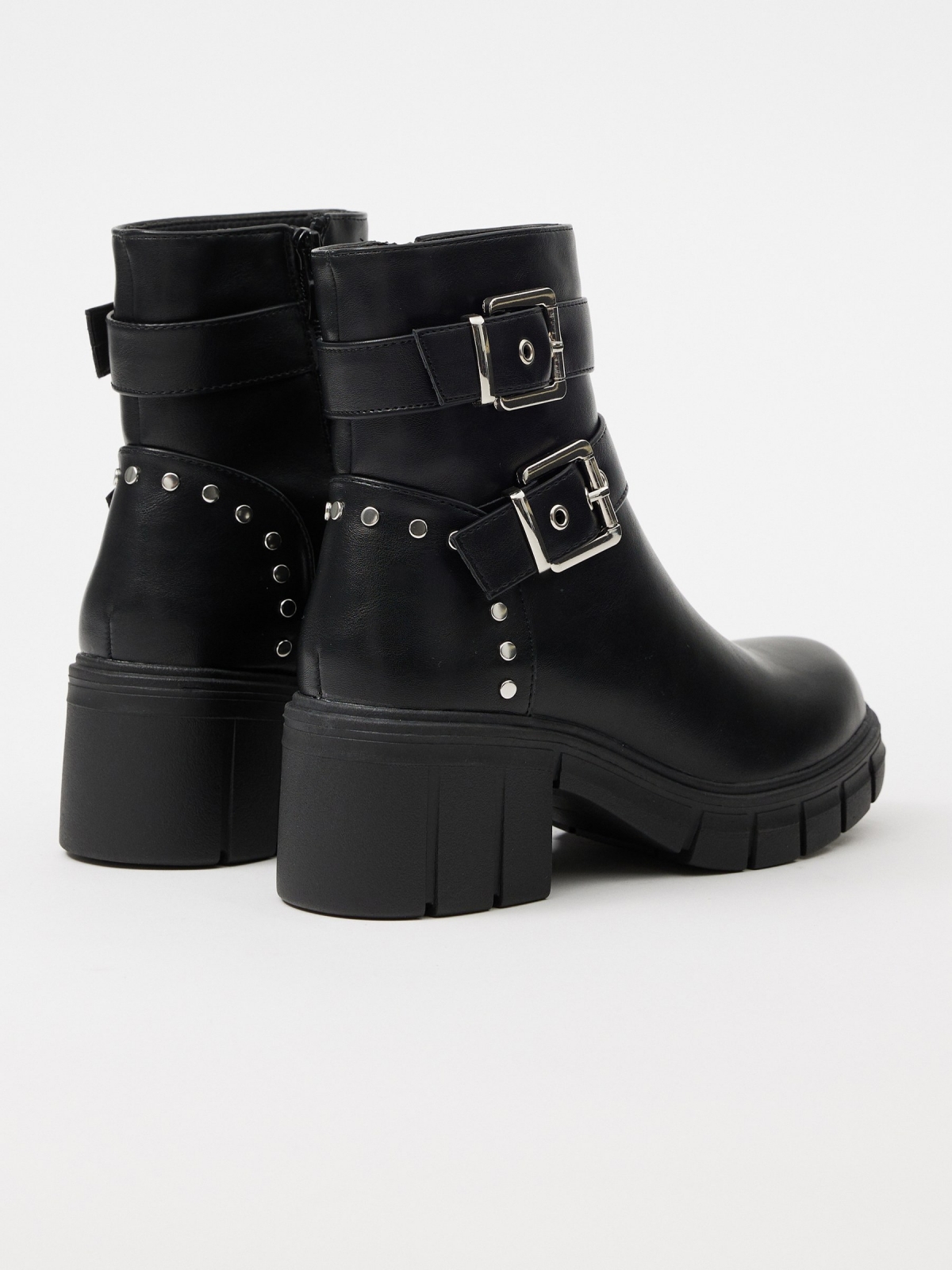 Ankle boot with track sole buckles black 45º back view