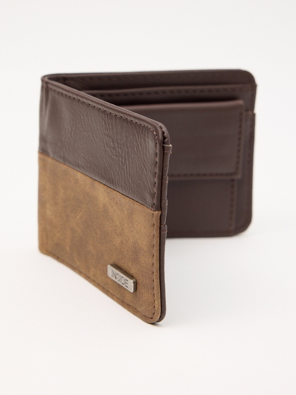 INSIDE men's leatherette wallet brown 45º side view