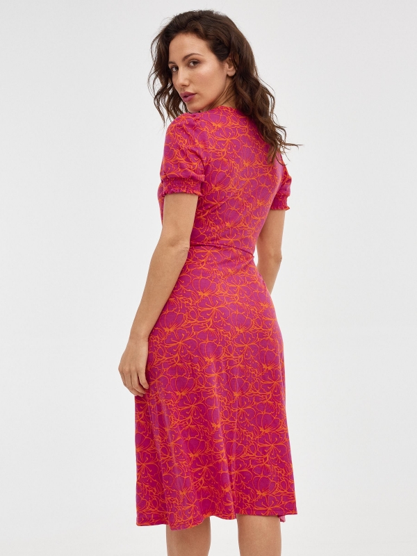 Midi Print dress with belt magenta middle back view