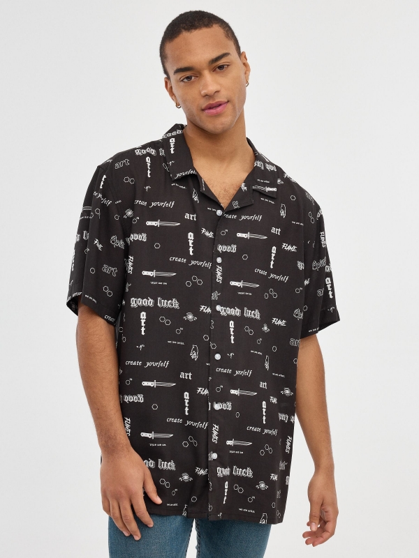 Letter print shirt black middle front view