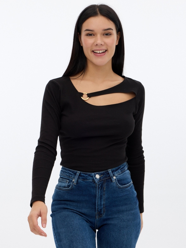 Rib t-shirt cut out neckline black middle front view