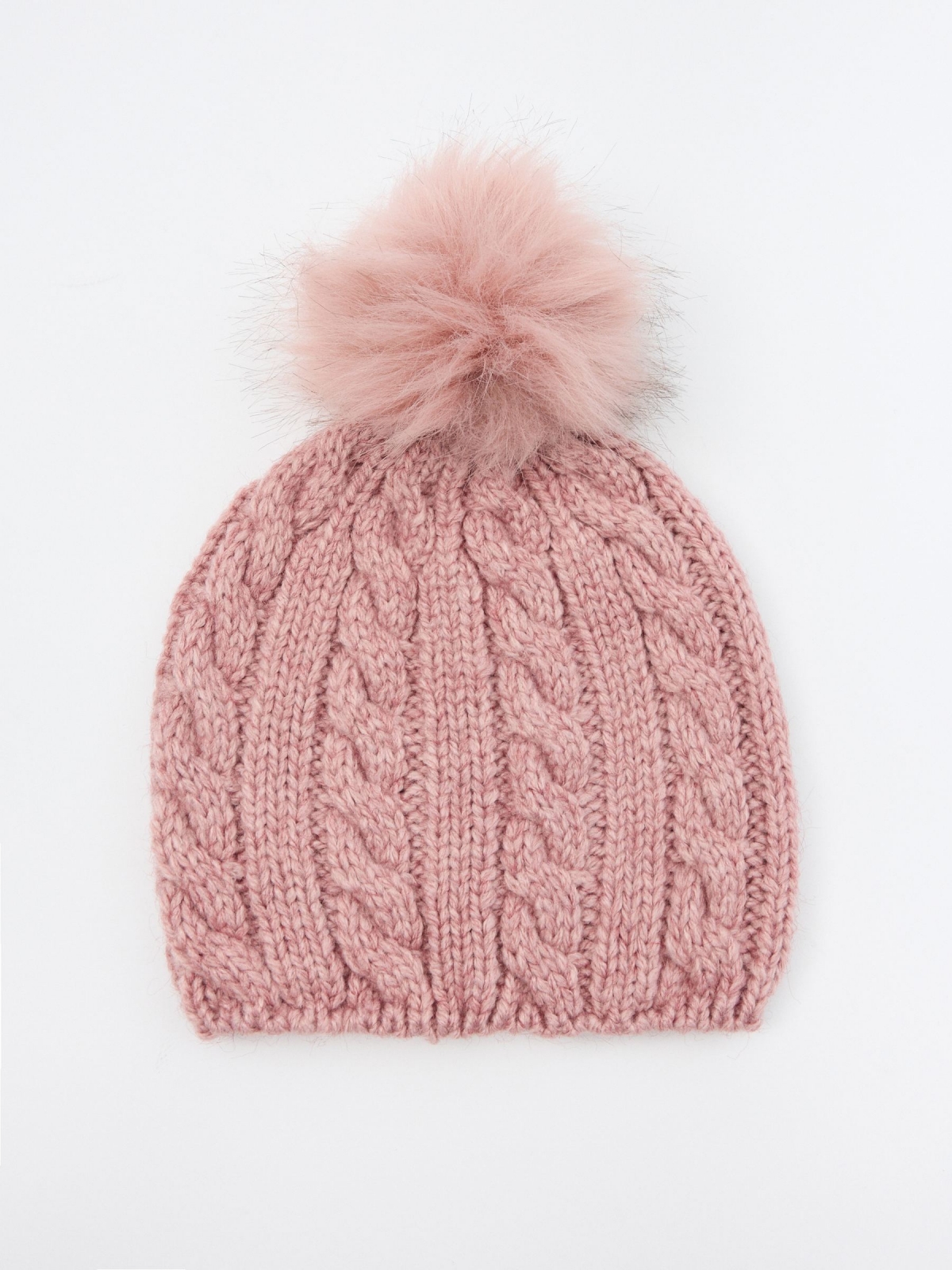Pink braided hat with pompom design